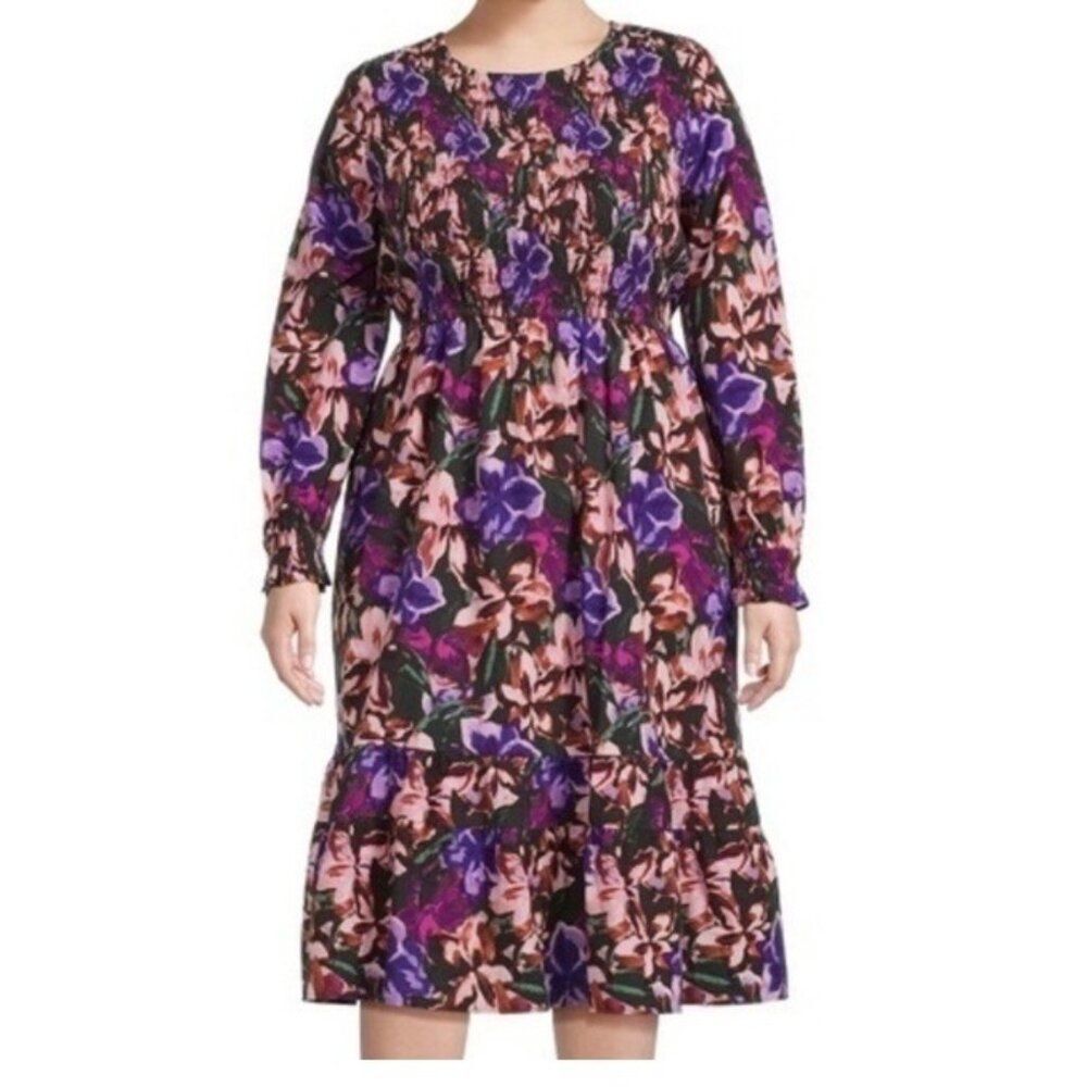 Terra & Sky Purple Floral Smocked Long Sleeve Midi Dress Size 14W